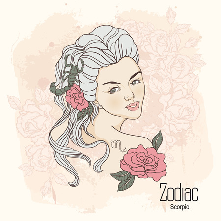 Zodiac. Vector illustration of Scorpio as girl with flowers. Design for coloring book page.のイラスト素材