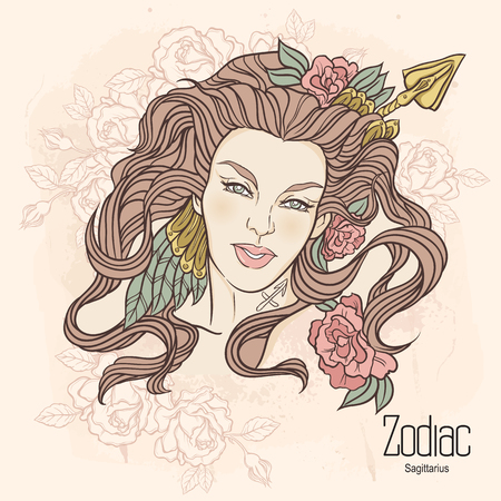 Zodiac. Vector illustration of Sagittarius as girl with flowers. Design for coloring book page.のイラスト素材
