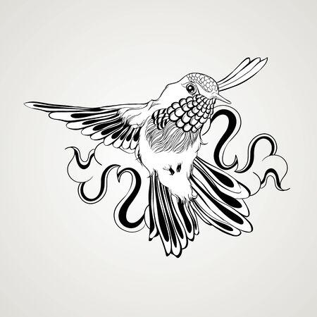 Hand drawn flying humming bird vintage style. Elegant tattoo art. Vector illustration isolatedのイラスト素材