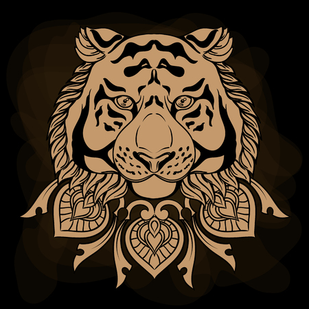 Golden tiger head with ornament mandala. Vintage hand drawn illustration in linear style on black background.のイラスト素材