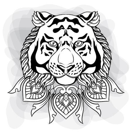 Tiger head with ornament mandala. Vintage hand drawn illustration in linear style. Black and white drawing isolated on white.のイラスト素材