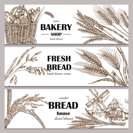 Hand drawn bread horizontal banners. Banner set. Vector illustration in sketch style.のイラスト素材
