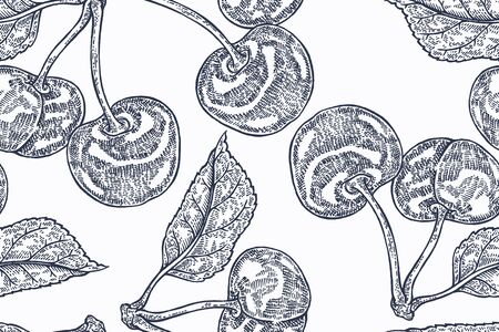 Seamless botanical pattern with cherry branches isolated on white background.のイラスト素材
