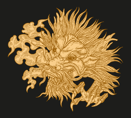 Hand drawn asian dragon head on black background. Vector illustration traditional Chinese dragon mask. Detailed design for print engravedのイラスト素材