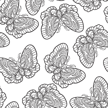 Seamless pattern with butterflies. Stylised moth in line art style. Black and white vector illustration.のイラスト素材