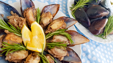 Turkishfoods; Turkish style stuffed mussels (midye dolma)の写真素材