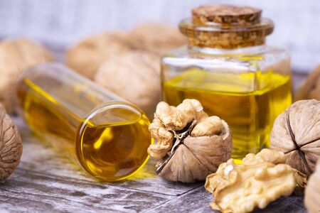 Cosmetic and therapeutic walnut oil. Food and cosmetic concept photo.の写真素材