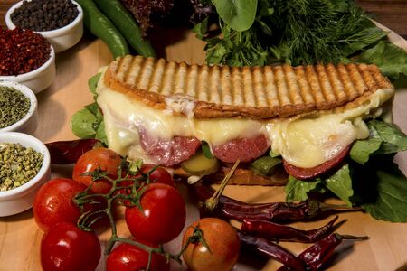 Turkish Bazlama Tost / Toast sandwich with melted cheese, tomatoes and dill. Ayvalik toast, tost.の写真素材