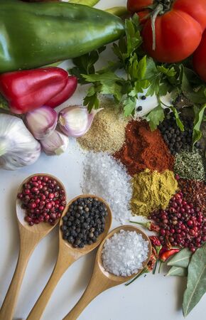 Variety of spices and herbs on kitchenの写真素材
