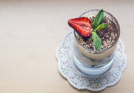 Strawberry desserts. The season of berries. Tiramisu with strawberries. The view from the top. の写真素材