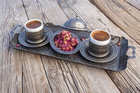 Traditional delicious Turkish coffee and Turkish delightの写真素材