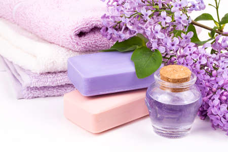 Lilac nature cosmetics, handmade preparation of essential oils, perfume, creams, soaps from fresh and lilac flowersの写真素材