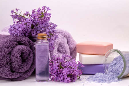 Lilac nature cosmetics, handmade preparation of essential oils, perfume, creams, soaps from fresh and lilac flowersの写真素材