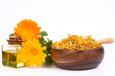 Herbal calendula officinalis in the glass and drop oil Isolatedの写真素材