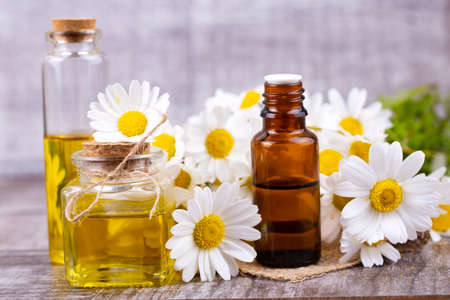 Essential oil in glass bottle with fresh chamomile flowers, beauty treatment.の写真素材