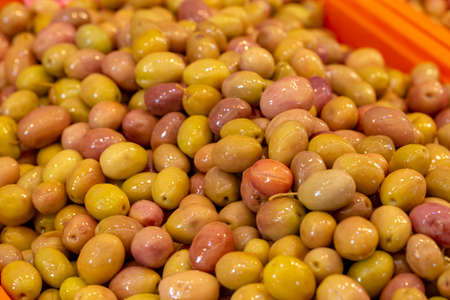 Pickle green olive market. Food concept photo.
