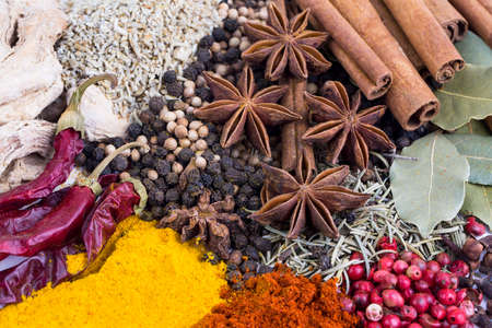 Mixed various spices on the white backgroundの写真素材