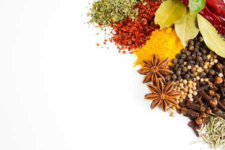 Mixed various spices on the white backgroundの写真素材