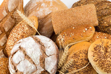 Different kinds of bread and bread rolls. Kitchen or bakery poster designの写真素材