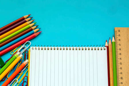 School and office equipment. Colorful stationery background.