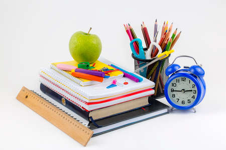 School and office equipment. Colorful stationery background.