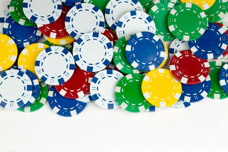 Ace playing cards with red dice. Casino betting and gambling concept and poker chips.の写真素材