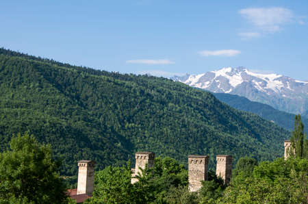 Traditional ancient Svan Towers in Ushguli village - Upper Svaneti, Georgiaの写真素材