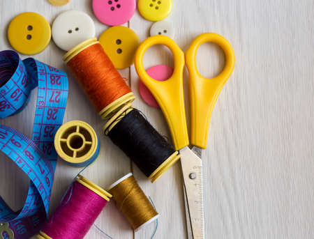 Sewing and repair of clothing as a hobby, tailor's deskの写真素材