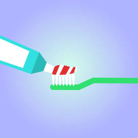 Toothbrush, toothpaste in a glass isolated on blue background flat illustration.の写真素材