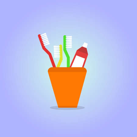 Toothbrush, toothpaste in a glass isolated on blue background flat illustration.の写真素材