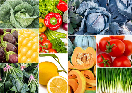 Fresh vegetables and fruits collage. Various vegetables and fruits background.の写真素材