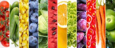 Fresh vegetables and fruits collage. Various vegetables and fruits background.の写真素材
