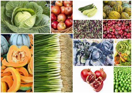 Fresh vegetables and fruits collage. Various vegetables and fruits background.の写真素材