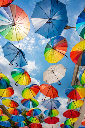 Colorful umbrella and blue sky. Manisa / Turkeyの写真素材