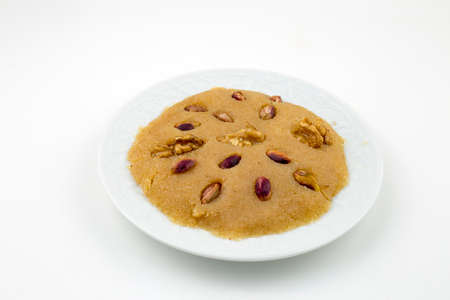 Traditional delicious Turkish dessert; semolina halva, halvahの写真素材