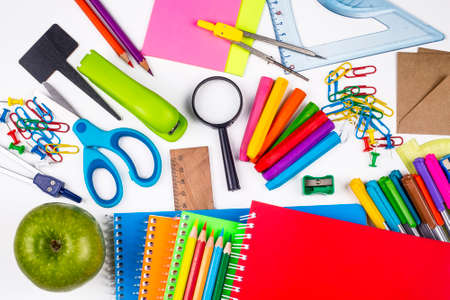 School and office equipment. Colorful stationery materials.