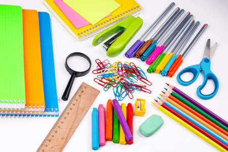 School and office equipment. Colorful stationery materials.