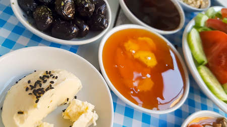 Traditional Delicious Turkish breakfast collage. Travel concept: setup with traditional turkish...