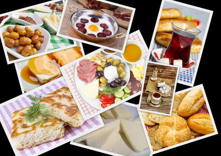 Traditional Delicious Turkish breakfast collage. Travel concept: setup with traditional turkish breakfastの写真素材