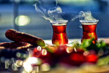 Traditional Turkish tea in traditional glass cupの写真素材