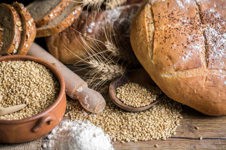 Fresh fragrant bread on the table. Food conceptの写真素材