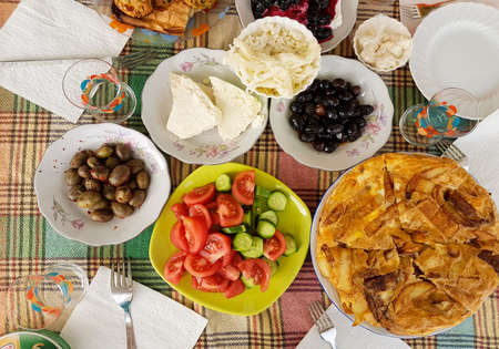 Traditional delicious Turkish breakfast. Travel concept photo.の写真素材