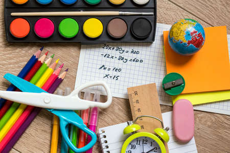 School and office equipment, stationery materials. Colorful stationery.
