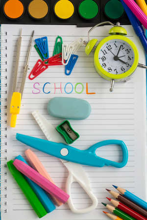School and office equipment, stationery materials. Colorful stationery.