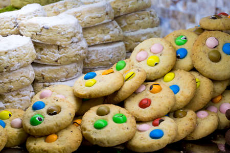 Various freshly baked sweet buns, top view