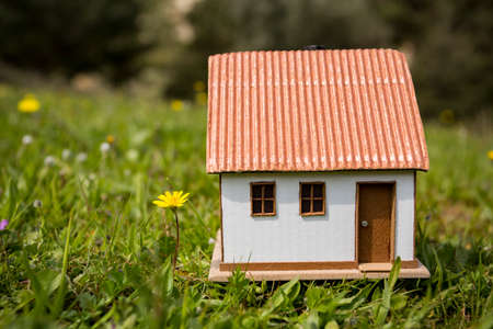 Model house in green grass garden. Small house.の写真素材