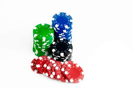 Poker chips on the white background. Casino concept.