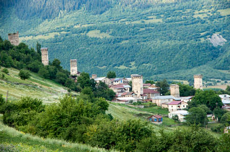Travel tourism concept photo. Georgia / Svaneti / Mestia.