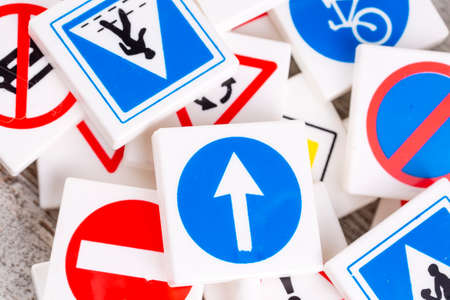 Close-up of a set of road signs. The concept of road safety.の写真素材