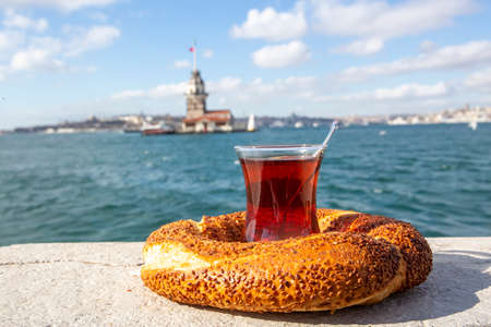 Turkish tea and bagel on the background of the Bosphorus in Istanbulの写真素材